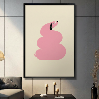 Framed canvas wall art of a minimalist pink dachshund curled into a spiral shape with a black ear on a cream background, displayed in a dark modern living room