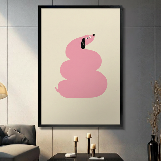 Framed canvas wall art of a minimalist pink dachshund curled into a spiral shape with a black ear on a cream background, displayed in a dark modern living room