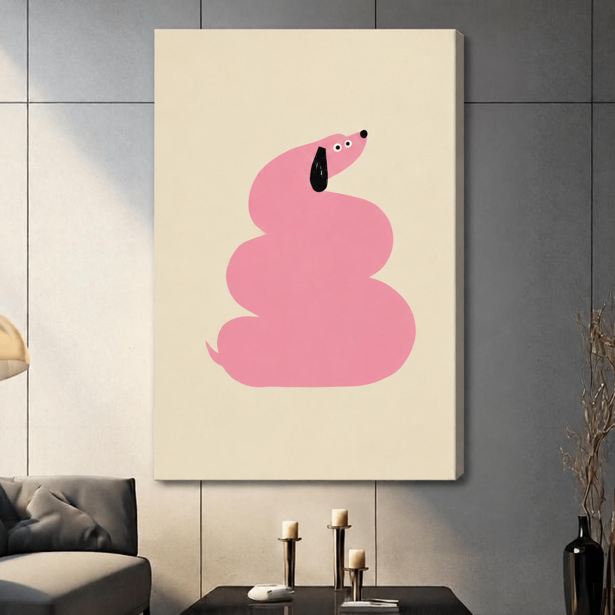Gallery-wrapped canvas featuring a whimsical pink dachshund coiled in a playful swirl with a black floppy ear on a warm cream background, hung in a contemporary living space
