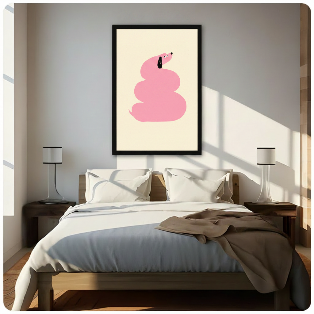 Framed whimsical canvas of a minimalist pink dachshund curled in a spiral with a black ear on a cream background, displayed above a wooden bed in a sunlit Scandinavian bedroom