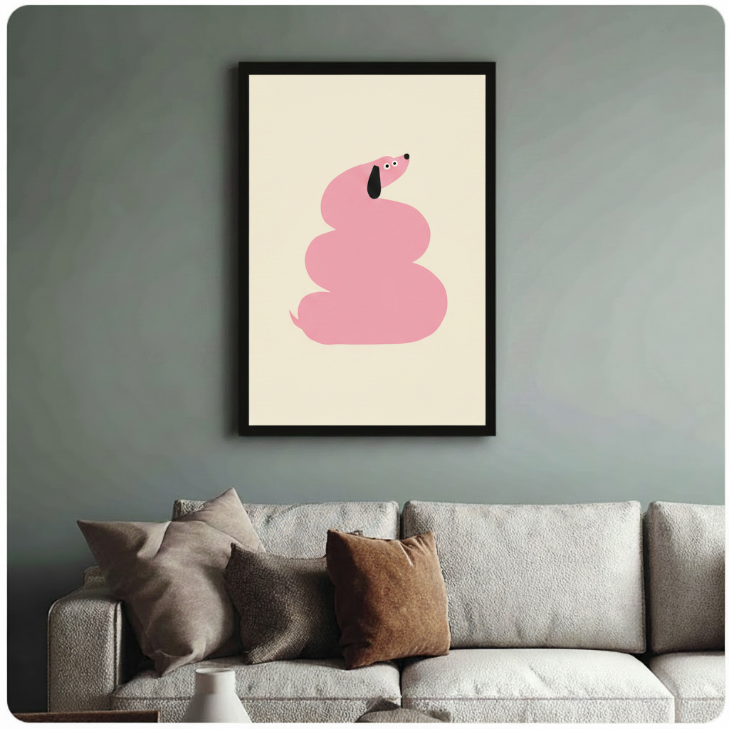 Framed minimalist art print of a curled pink dachshund with a black ear and dot eyes on a cream background, styled above a neutral linen sofa on a sage green wall