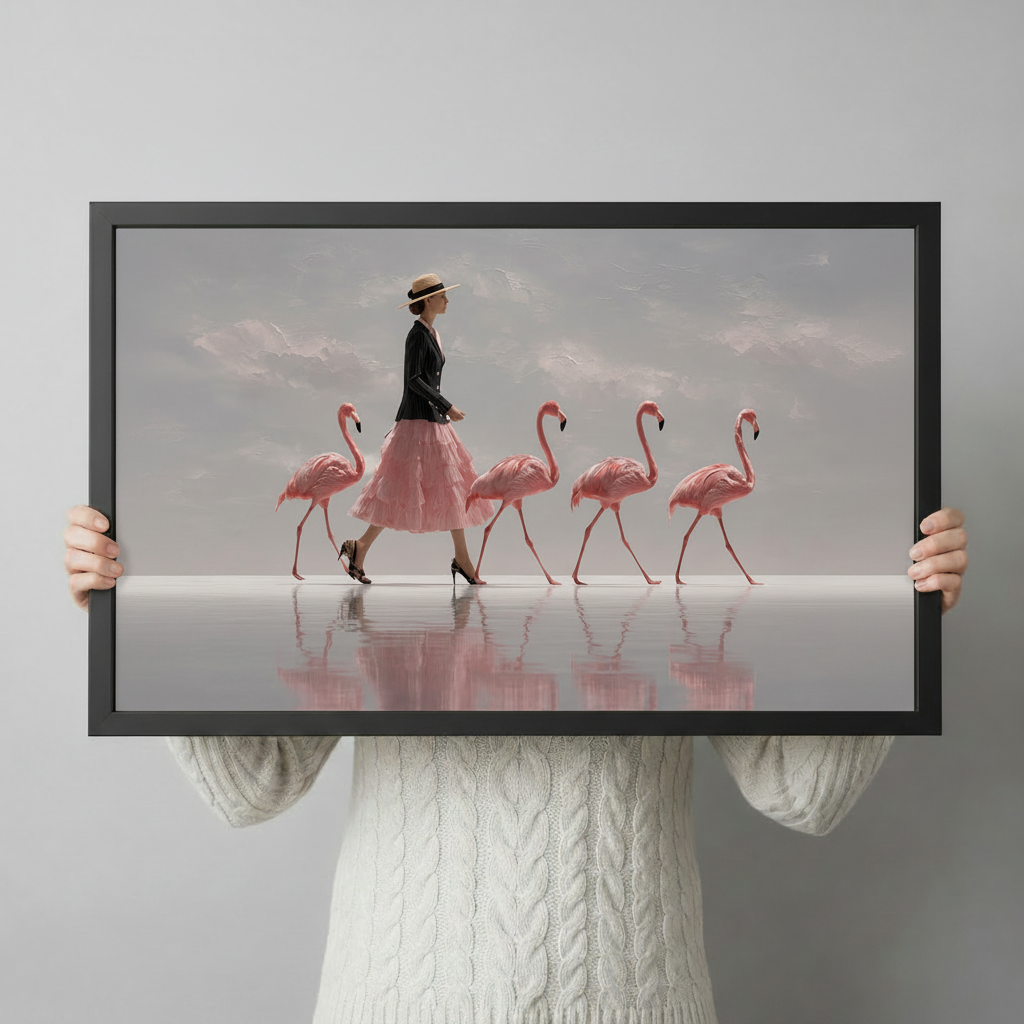 Person holding a framed art print showing a fashionable woman walking in step with four pink flamingos, with soft pastel reflections on still water, highlighting the black frame and print quality