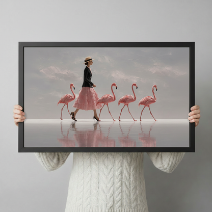 Person holding a framed art print showing a fashionable woman walking in step with four pink flamingos, with soft pastel reflections on still water, highlighting the black frame and print quality