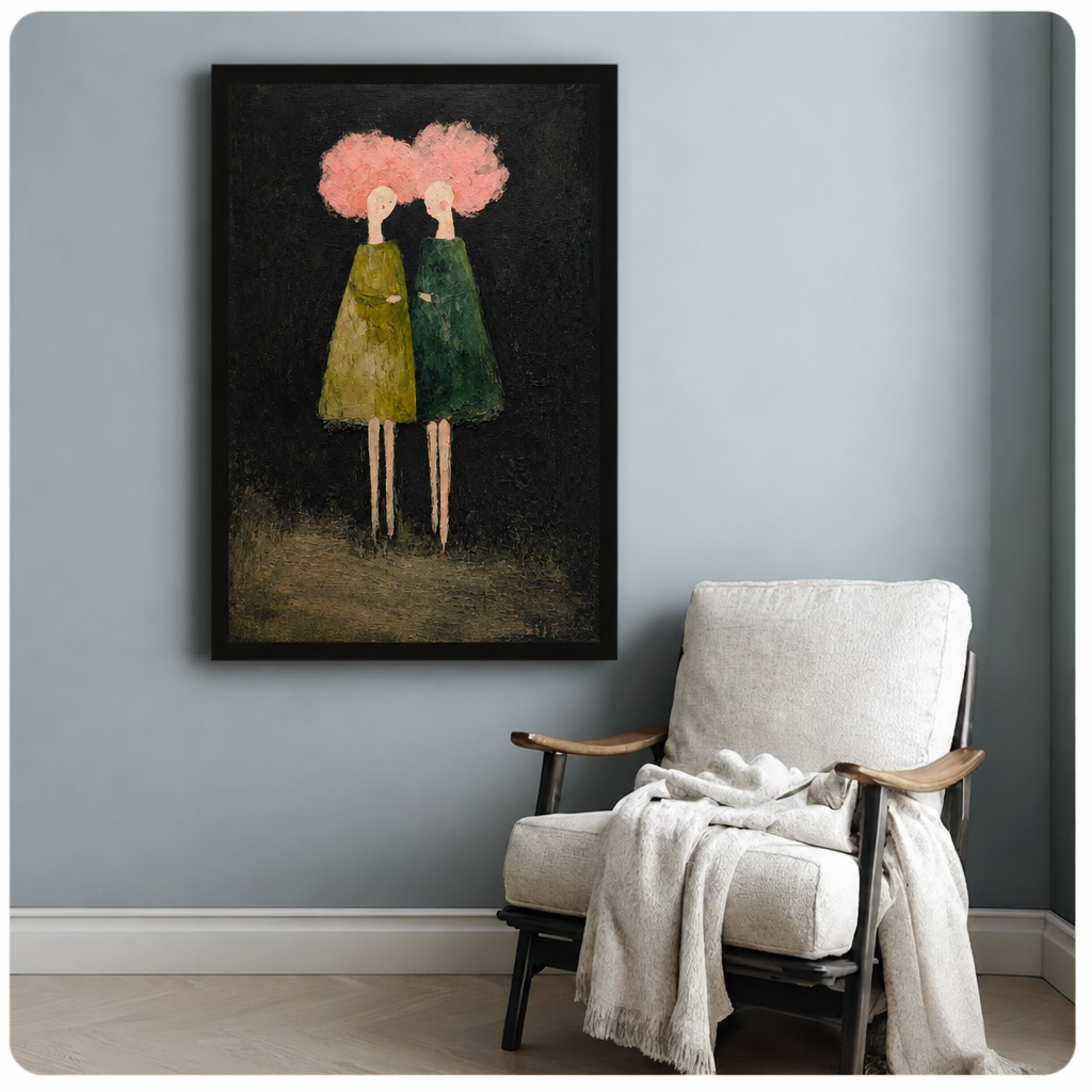  Pink hair women canvas wall art beside a white armchair, depicting two women in olive and dark green dresses