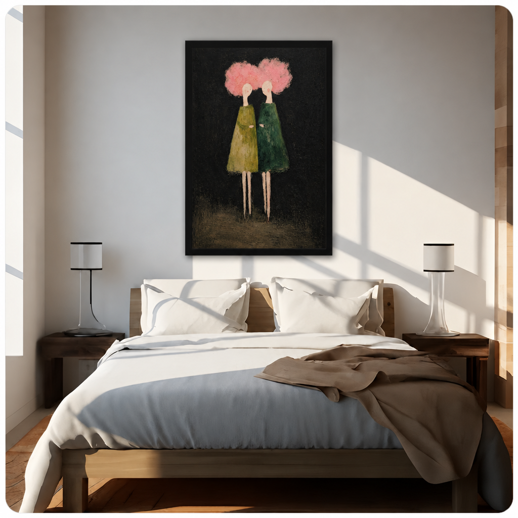 Pink hair women canvas wall art above a bed, featuring two figures in green dresses with pink hair on a black background