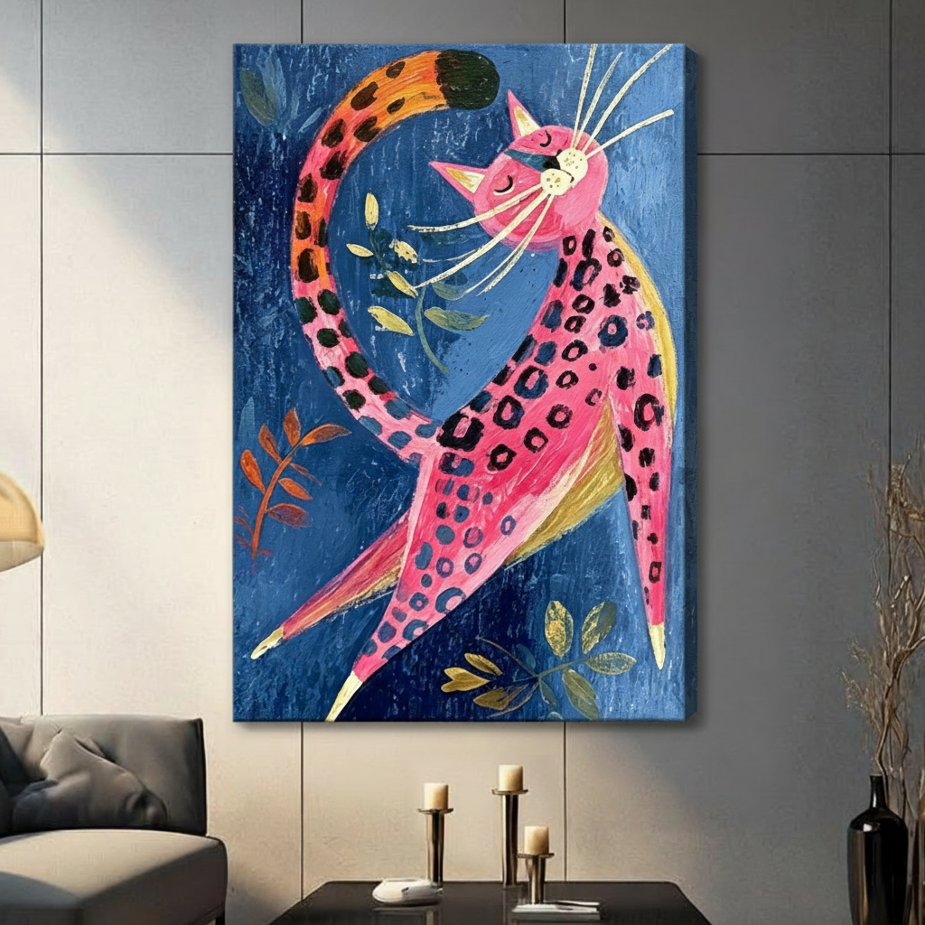 Whimsical stretched pink leopard cat with a curling spotted tail and dreamy half-closed eyes on a cobalt blue oil-textured background maximalist cat wall art stretched canvas in a living room with light gray tiled wall dark sofa candle holders and black vase