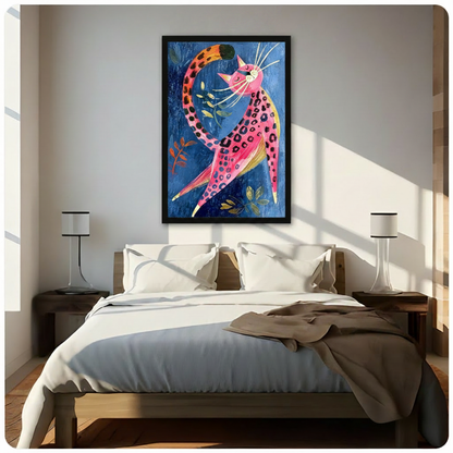 Maximalist oil painting of a sinuous pink cat with leopard markings and long white whiskers curving across a deep blue background with orange and gold leaves bold cat wall art framed print above a bedroom with white linen bedding dark wood bed frame and white table lamps