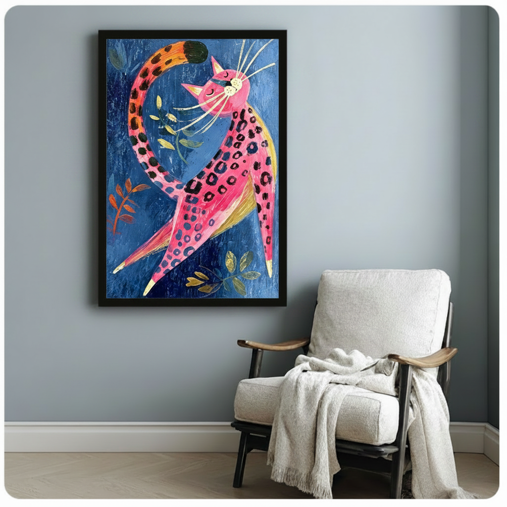 Bold folk art illustration of a neon pink cat with black spots and an arching spotted tail surrounded by colorful leaves on a rich blue background vibrant cat wall art framed print beside a white linen armchair with a cream throw blanket on a blue gray wall