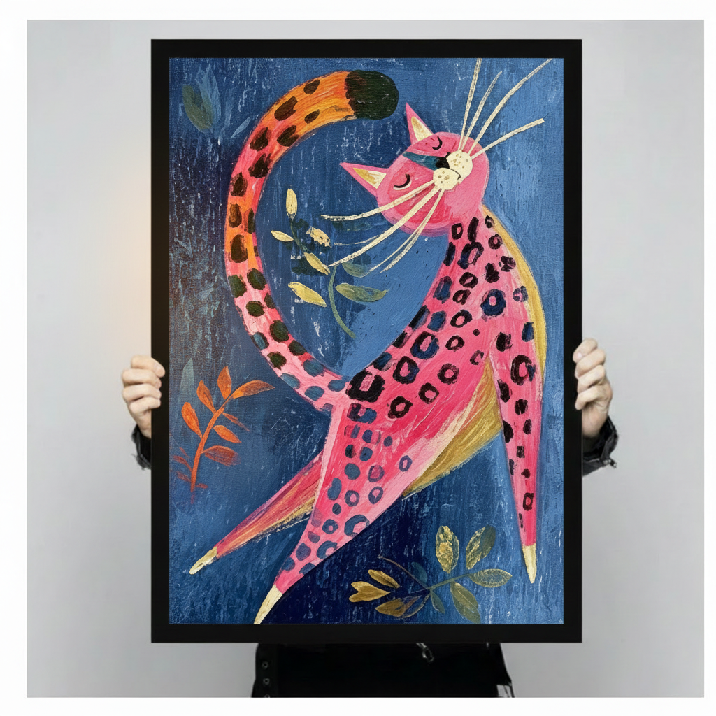 Playful pink leopard-spotted cat with flowing whiskers and a looping orange tail on a deep textured blue background with botanical leaf accents colorful cat wall art framed print held against a light gray background