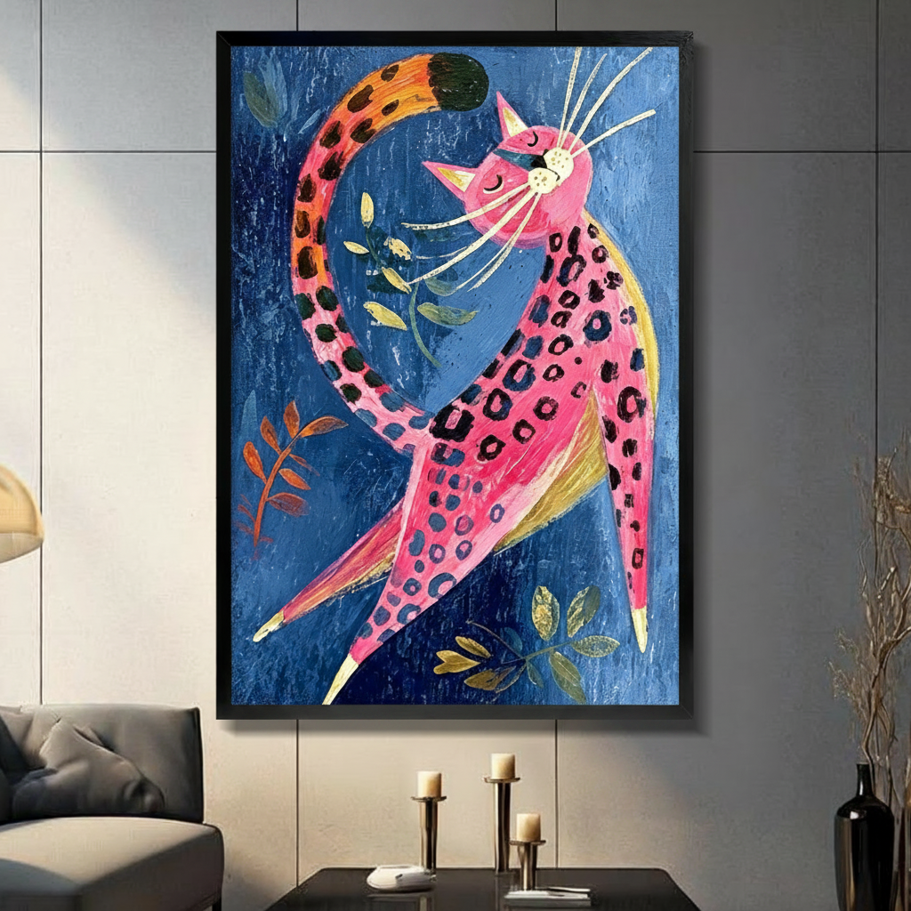 Elongated pink cat with black leopard spots and long whiskers curled on a deep blue textured background with scattered orange and green leaves bold folk art cat wall art framed print in a living room with light gray tiled wall dark sofa candle holders and black vase