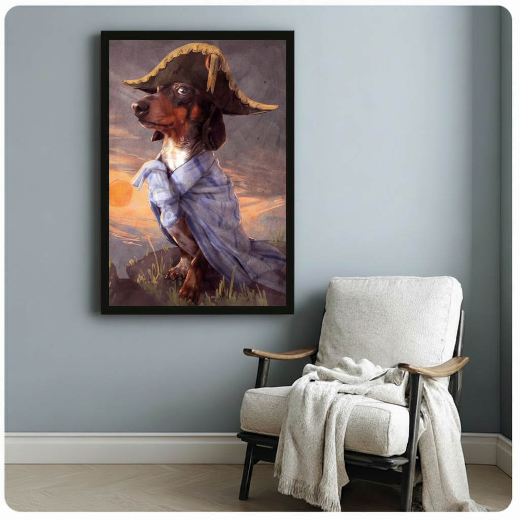 Black framed dachshund pirate wall art print in portrait orientation, hanging on a light gray wall beside a white linen armchair with a cozy throw blanket