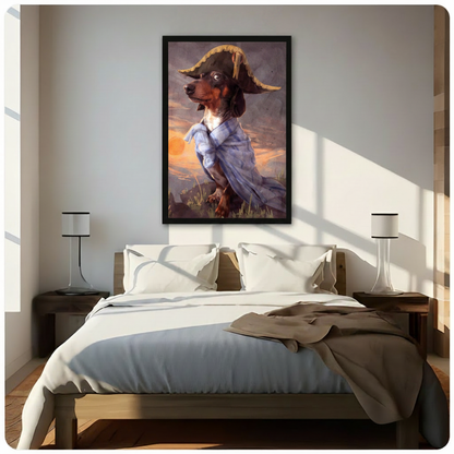 Black framed dachshund pirate portrait art print above a bed with white linen bedding, wooden nightstands, and natural window light in a warm modern bedroom
