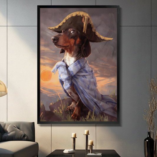 Framed dachshund pirate portrait wall art with tricorn hat and sunset background, displayed above candle holders in a modern living room with gray tile walls
