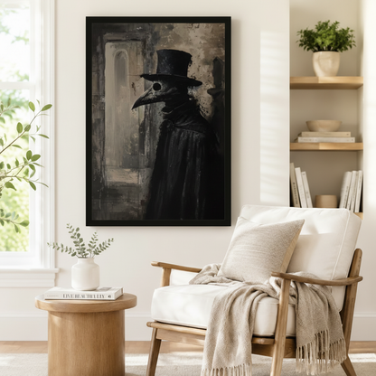 Vintage plague doctor framed wall art print beside armchair in cozy reading nook with natural light