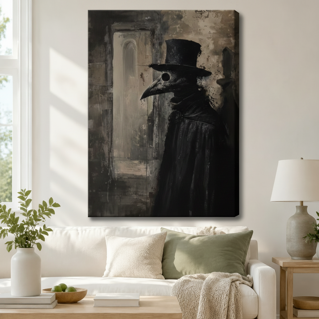 Gothic plague doctor gallery wrap canvas art hanging above white sofa in modern farmhouse living room