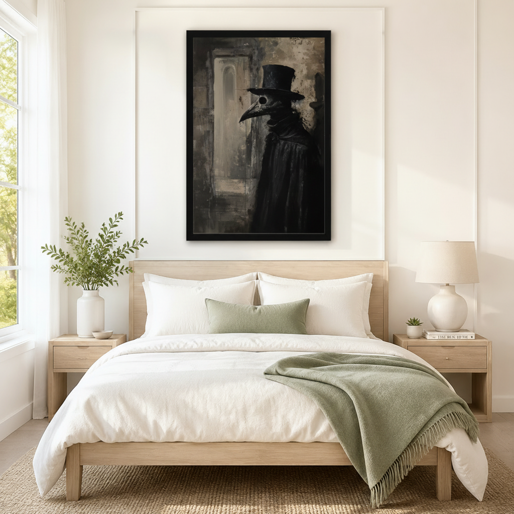 Gothic plague doctor dark framed canvas wall art hung above bed as dramatic bedroom statement piece