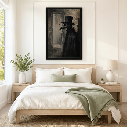 Gothic plague doctor dark framed canvas wall art hung above bed as dramatic bedroom statement piece