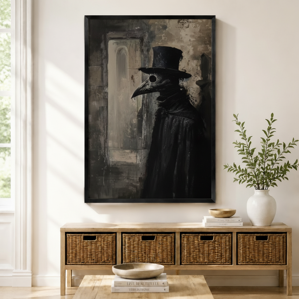 Dark gothic plague doctor framed canvas wall art displayed above wicker storage console in bright entryway