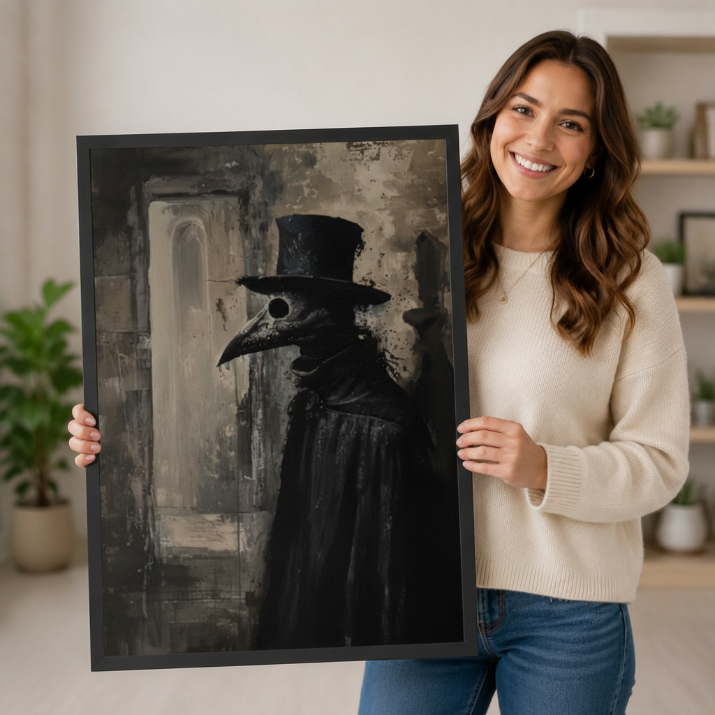 Woman holding large gothic plague doctor framed canvas art print showing detailed dark oil painting style