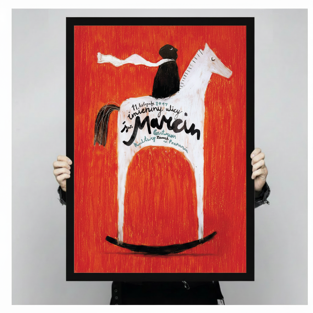 Hand-held black framed vintage Polish poster print featuring black rider on white wooden rocking horse with bold red background and Sw. Marcin handwritten script