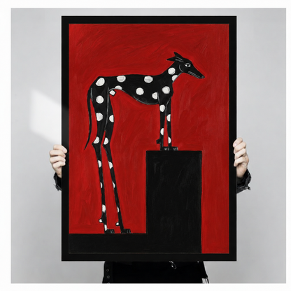 Person holding a large polka dot greyhound art print showing scale and print quality with bold red background