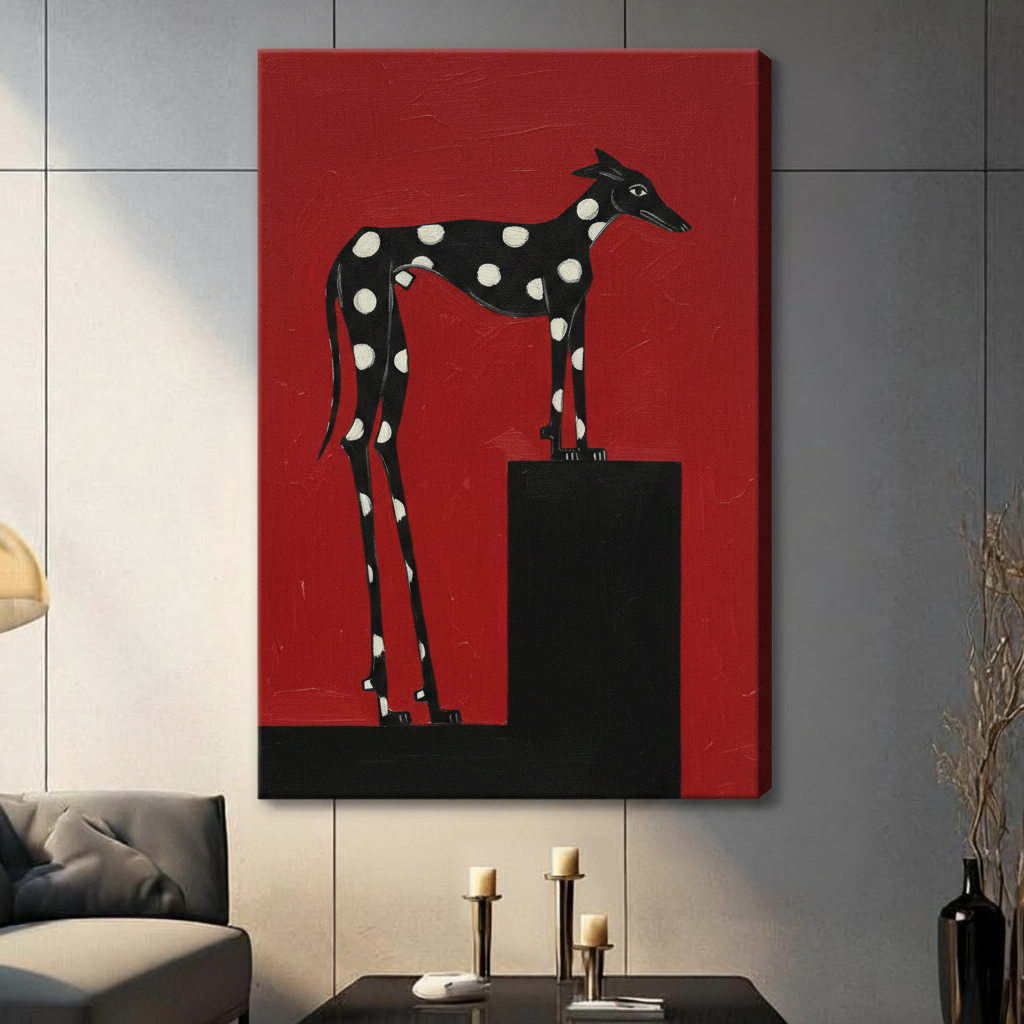Polka dot greyhound canvas print wall art in a contemporary living room with grey sofa and candlestick decor