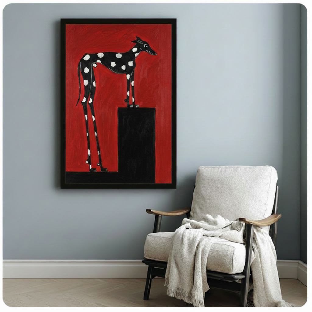 Black and white polka dot greyhound framed art print hanging on a light grey wall beside a white linen armchair