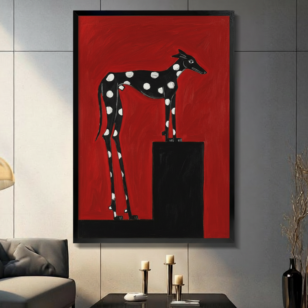 Framed polka dot greyhound wall art displayed in a moody dark living room above a console table with candles