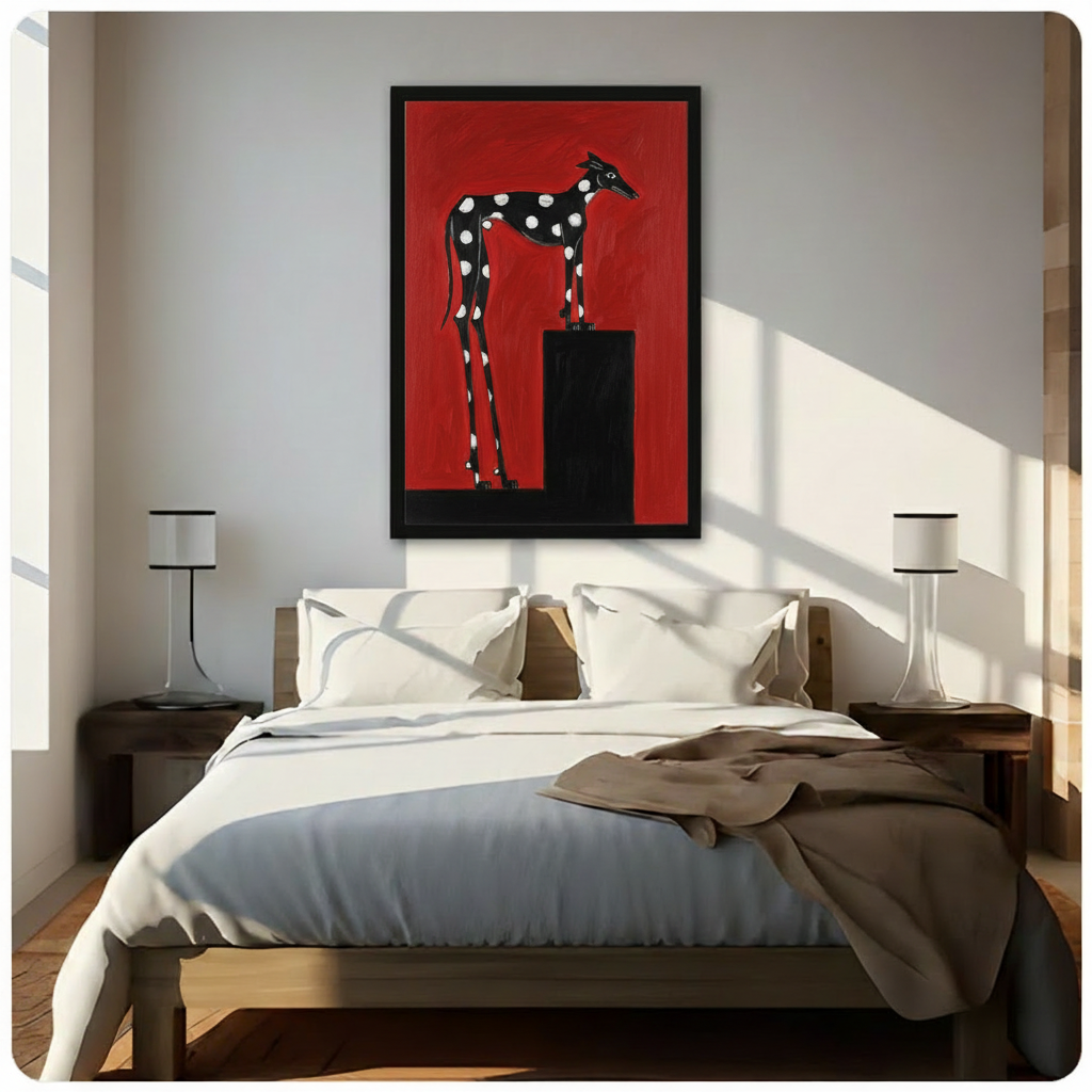 Framed polka dot greyhound painting hung above a wooden bed in a bright minimalist bedroom with white bedding