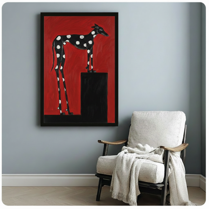 Folk surrealist painting of a slender black greyhound with white polka dots on a black block pedestal against a flat red background graphic dog wall art stretched canvas in a living room with dark gray panel wall dark sofa and black vase