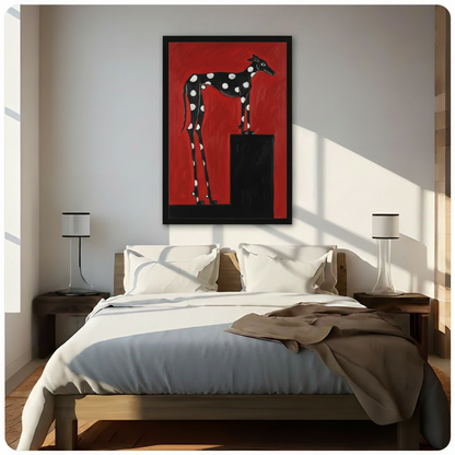 Bold graphic painting of a black greyhound with white dots standing on a black block against a saturated red background striking dog wall art framed print above a bedroom with white linen bedding dark wood bed frame and cylindrical table lamps