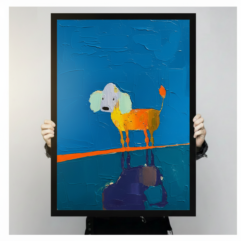 Close-up size reference of a black-framed abstract poodle oil painting print with orange and blue palette and visible thick brushstroke texture, held by two hands