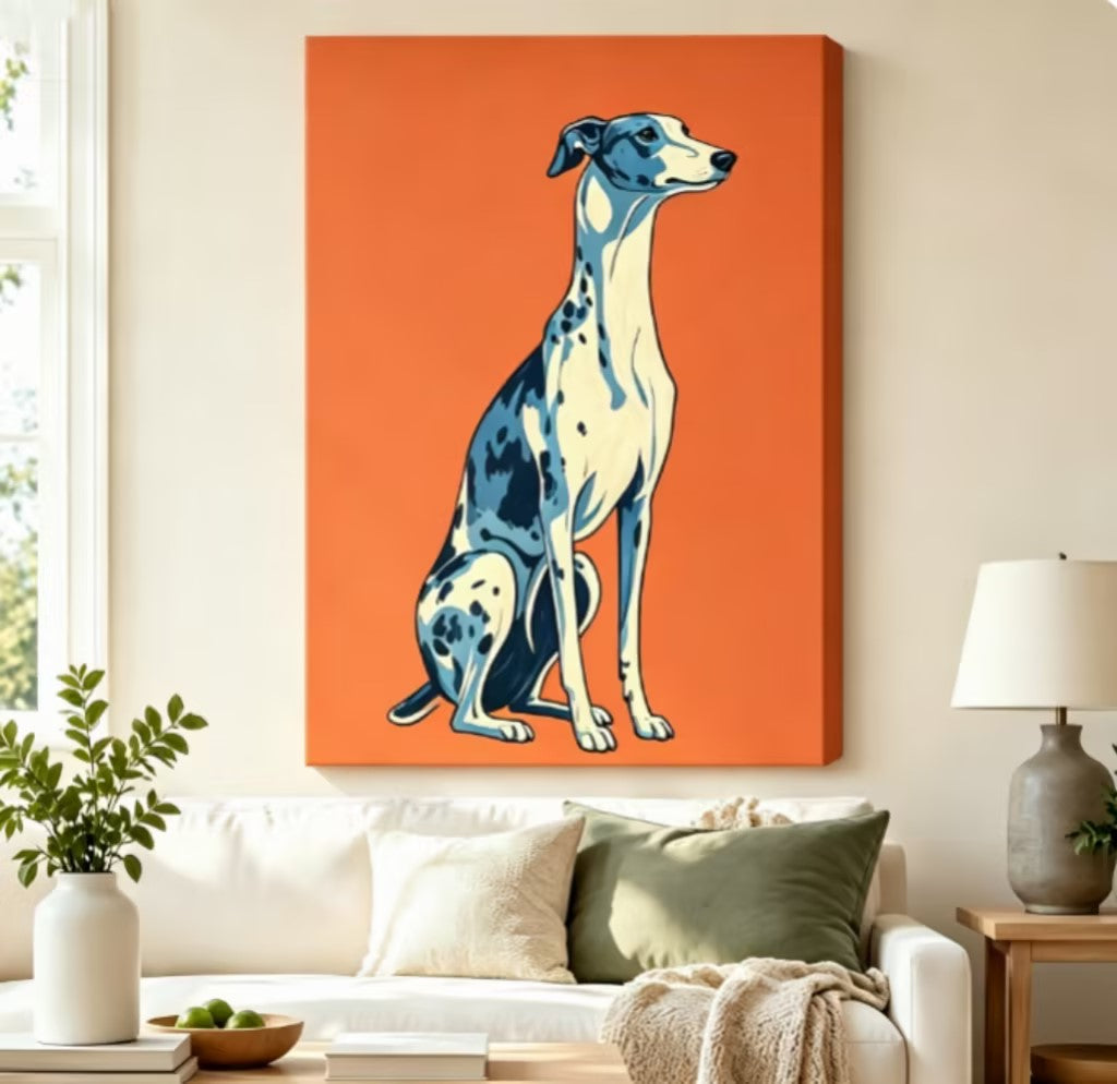 Pop art blue and white greyhound sitting portrait gallery wrap canvas art on vibrant orange background above a white sofa with sage green cushions, a knit throw blanket, and a ceramic table lamp in a bright living room