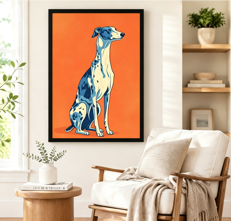 Black framed pop art blue and white greyhound sitting portrait wall art on vibrant orange background beside a white linen armchair with a taupe throw blanket, a round wood side table with a book, and open shelving with potted plants
