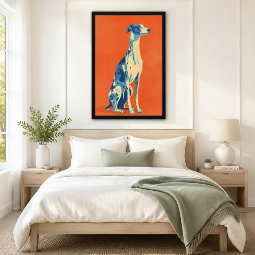 Black framed pop art style blue and white greyhound portrait canvas art on bold orange background above a bed with white linen bedding, a sage green throw blanket, light wood nightstands, and a white ceramic table lamp in a modern bedroom