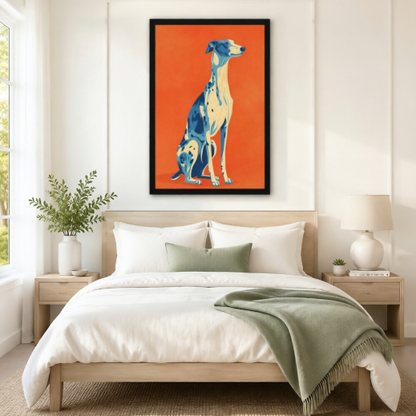 Black framed pop art style blue and white greyhound portrait canvas art on bold orange background above a bed with white linen bedding, a sage green throw blanket, light wood nightstands, and a white ceramic table lamp in a modern bedroom