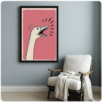 Black framed pop art style humorous illustration cream white goose with elongated neck tilted back mouth agape honking loudly with expressive black dash lines showing sound burst on bold dusty rose pink background canvas print on pale blue-grey wall beside white wood arm lounge chair with draped cream linen throw - bold screaming goose pink wall art for cozy reading nook decor
