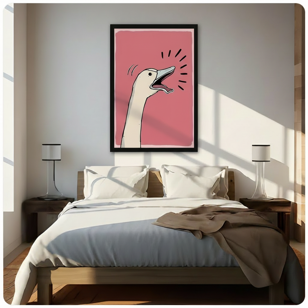 Framed pop art style humorous illustration cream white goose with elongated neck tilted back mouth agape honking loudly with expressive black dash lines showing sound burst on bold dusty rose pink background canvas print above dark walnut bed with white linen duvet and caramel throw in sunlit minimalist bedroom with twin slim cylindrical table lamps - bold screaming goose pink wall art for contemporary bedroom decor