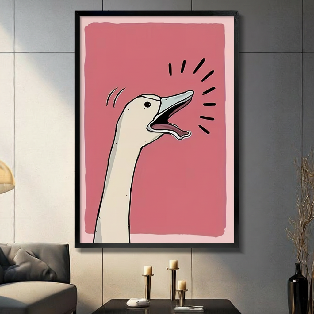 Framed pop art style humorous illustration white goose with long neck stretching upward beak wide open screaming with bold black motion lines radiating outward on vibrant rose pink brushstroke background canvas print on dark grey tile wall in modern living room with charcoal sofa and brass candlesticks - funny screaming goose pink wall art for contemporary home decor
