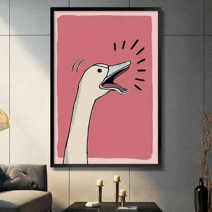 Framed pop art style humorous illustration white goose with long neck stretching upward beak wide open screaming with bold black motion lines radiating outward on vibrant rose pink brushstroke background canvas print on dark grey tile wall in modern living room with charcoal sofa and brass candlesticks - funny screaming goose pink wall art for contemporary home decor