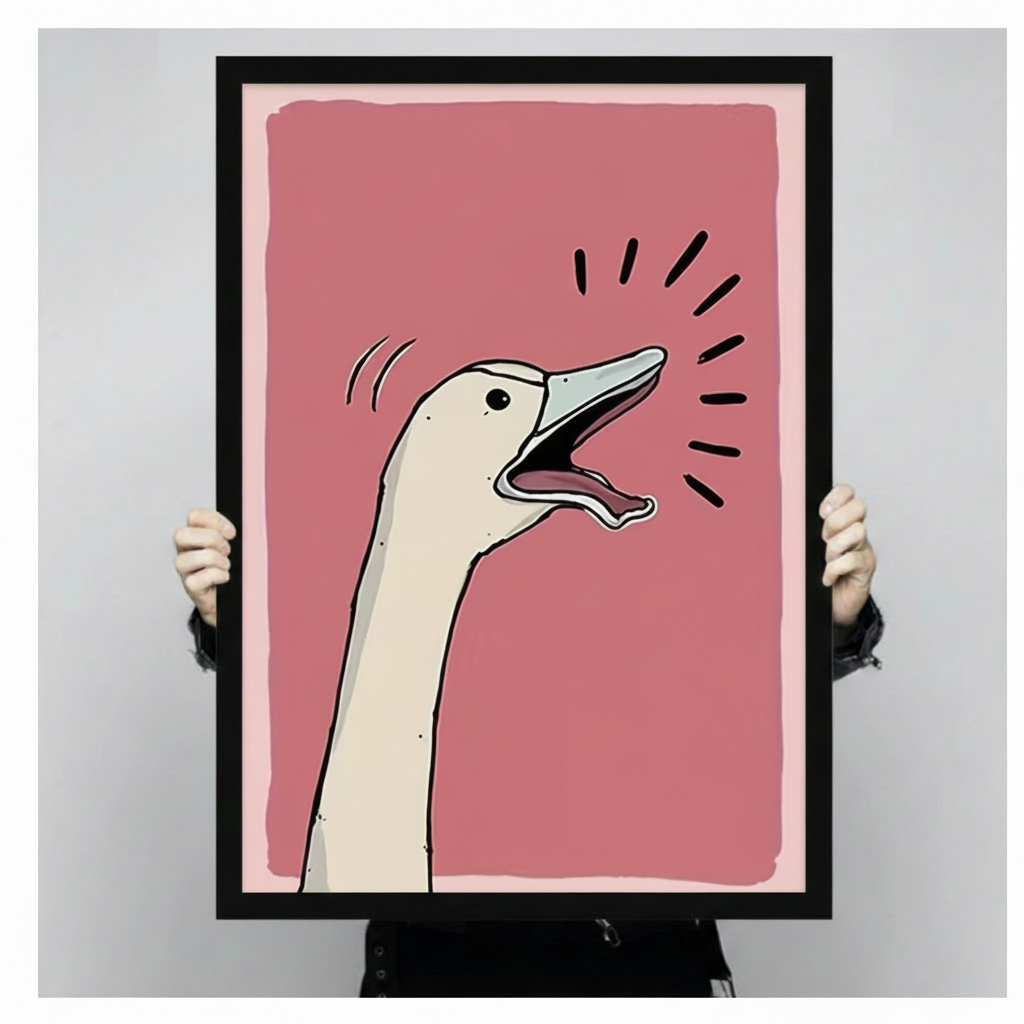 Person holding large framed pop art style humorous illustration white goose with long neck stretching upward beak wide open screaming with bold black motion lines radiating outward on vibrant rose pink brushstroke background canvas print with both hands against neutral grey background - close up size reference of funny screaming goose pink wall art with black frame finish