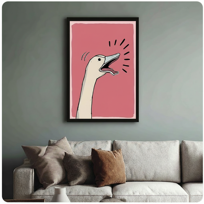 Framed pop art style humorous illustration white goose with long neck stretching upward beak wide open screaming with bold black motion lines radiating outward on vibrant rose pink brushstroke background canvas print on sage blue-grey wall above cream boucle sofa with mixed linen and caramel throw pillows - funny screaming goose pink wall art for stylish eclectic living room decor