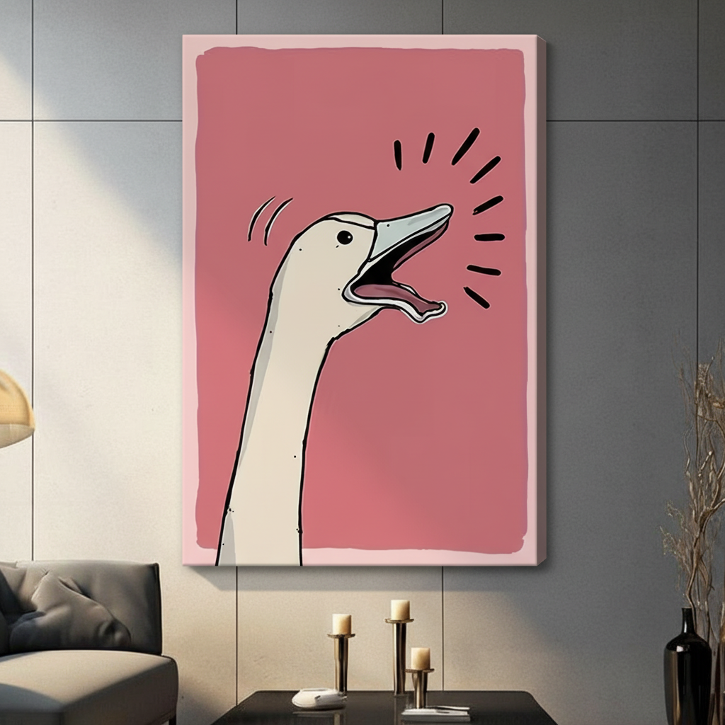 Unframed pop art style humorous illustration cream white goose with elongated neck tilted back mouth agape honking loudly with expressive black dash lines showing sound burst on bold dusty rose pink background canvas print on dark grey tile wall in contemporary living room with charcoal sofa and pillar candles - bold screaming goose pink wall art for modern interior decor