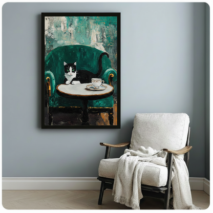 Black framed post-impressionist oil painting sophisticated black tuxedo cat with white chest reclining in deep emerald velvet tub chair with gilded arms leaning over round marble cafe table with delicate china teacup against layered teal and cream impasto background canvas print on pale blue-grey wall beside white linen lounge chair with draped cream throw - refined tuxedo cat velvet chair teacup wall art for cozy reading nook decor