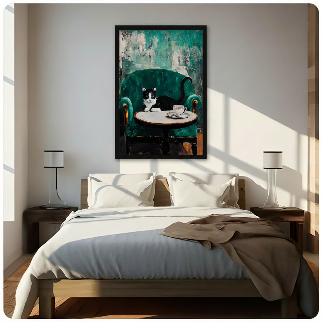 Framed post-impressionist oil painting sophisticated black tuxedo cat with white chest reclining in deep emerald velvet tub chair with gilded arms leaning over round marble cafe table with delicate china teacup against layered teal and cream impasto background canvas print above dark walnut bed with white linen duvet in sunlit minimalist bedroom with twin slim table lamps - refined tuxedo cat velvet chair teacup wall art for contemporary bedroom decor