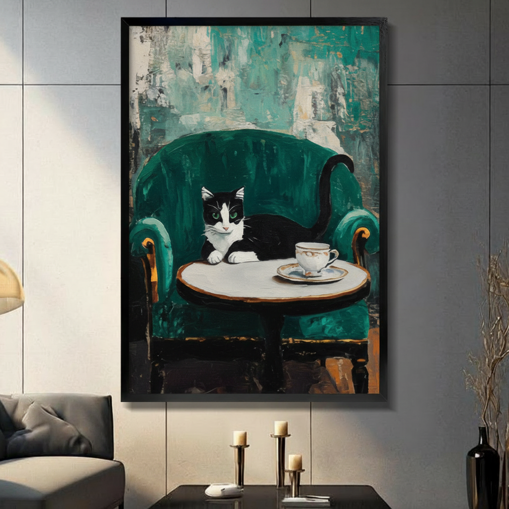Framed post-impressionist oil painting black and white tuxedo cat lounging on emerald green velvet armchair with gold trim resting front paws on marble bistro table beside fine porcelain teacup and saucer against textured teal brushstroke background canvas print on dark grey tile wall in modern living room with charcoal sofa and brass candlesticks - elegant tuxedo cat velvet chair teacup wall art for contemporary home decor