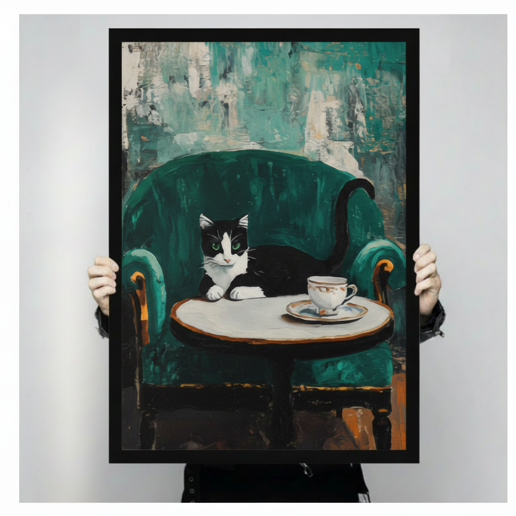 Person holding large framed post-impressionist oil painting black and white tuxedo cat lounging on emerald green velvet armchair with gold trim resting front paws on marble bistro table beside fine porcelain teacup and saucer against textured teal brushstroke background canvas print with both hands against neutral grey background - close up size reference of elegant tuxedo cat velvet chair teacup wall art with black frame finish