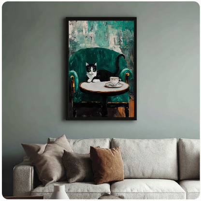 Framed post-impressionist oil painting black and white tuxedo cat lounging on emerald green velvet armchair with gold trim resting front paws on marble bistro table beside fine porcelain teacup and saucer against textured teal brushstroke background canvas print on sage blue-grey wall above cream boucle sofa with mixed linen and caramel throw pillows - elegant tuxedo cat velvet chair teacup wall art for stylish Parisian living room decor