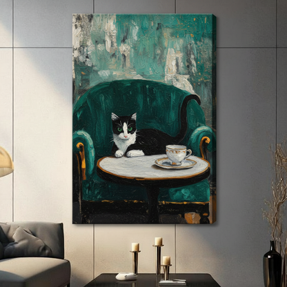 Unframed post-impressionist oil painting sophisticated black tuxedo cat with white chest reclining in deep emerald velvet tub chair with gilded arms leaning over round marble cafe table with delicate china teacup against layered teal and cream impasto background canvas print on dark grey tile wall in contemporary living room - refined tuxedo cat velvet chair teacup wall art for modern interior decor