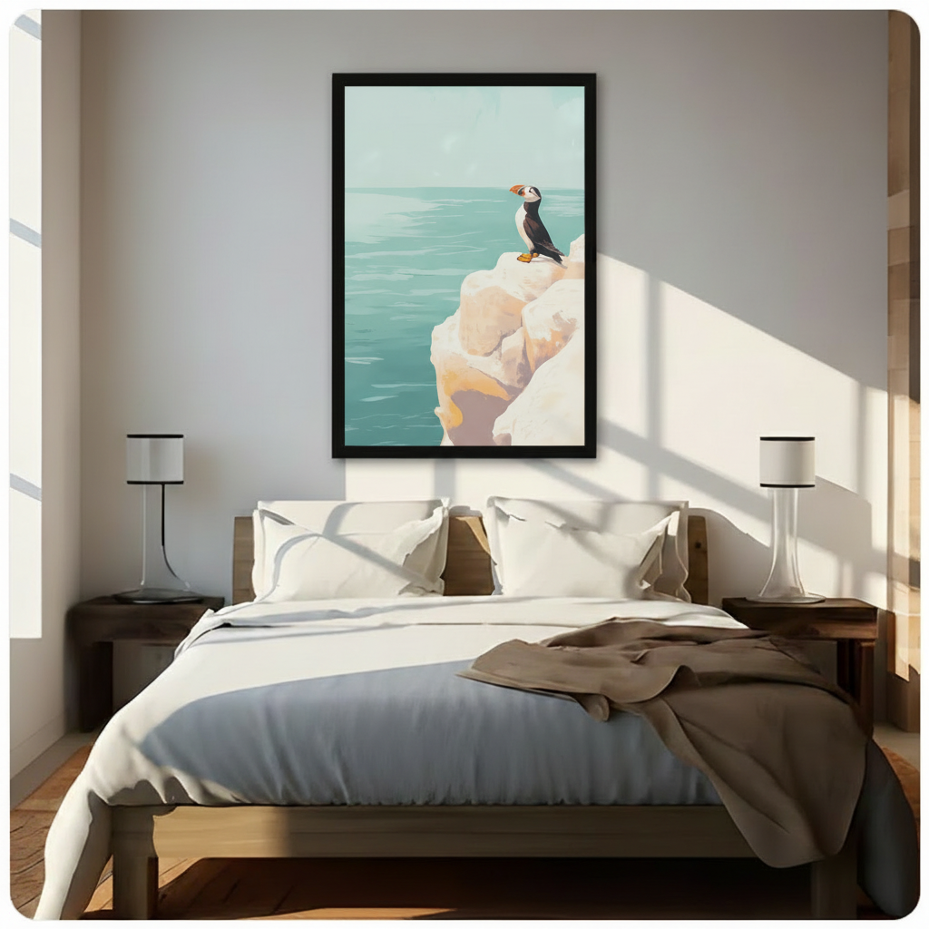 Puffin on sea cliff framed canvas displayed above bed in sunlit neutral bedroom - calming coastal bird wall art for serene bedroom decor